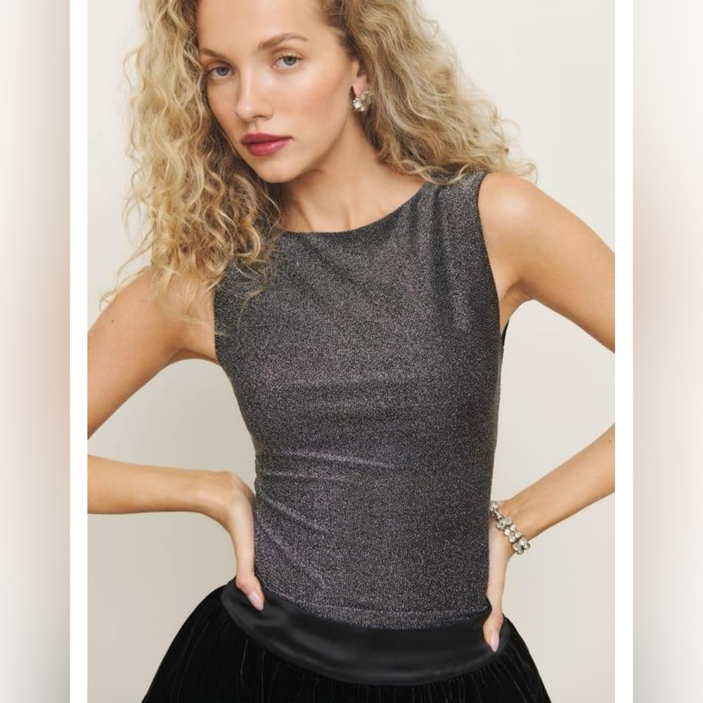 REFORMATION Dusk Knit Top In Silver Sparkle